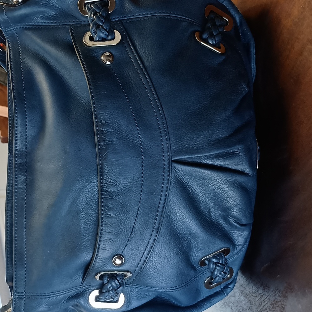 B Makowsky Navy Blue Pebble Soft Leather Shoulder Bag W/ Leopard Lining